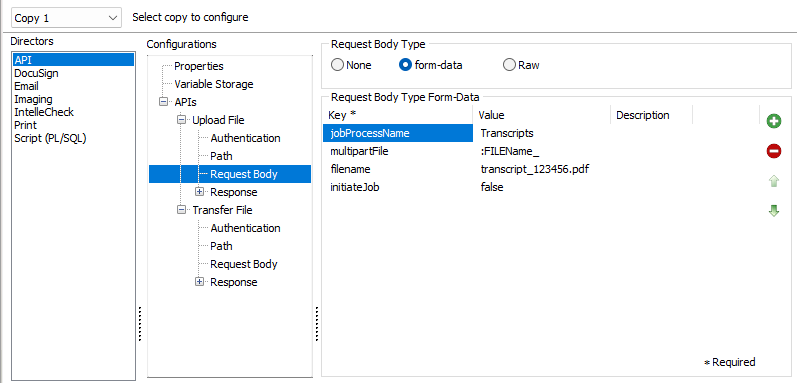 The Request Body screen, where data type options are form-data or Raw. The data type form-data has been selected, and key and value pairings have been added for the request body.